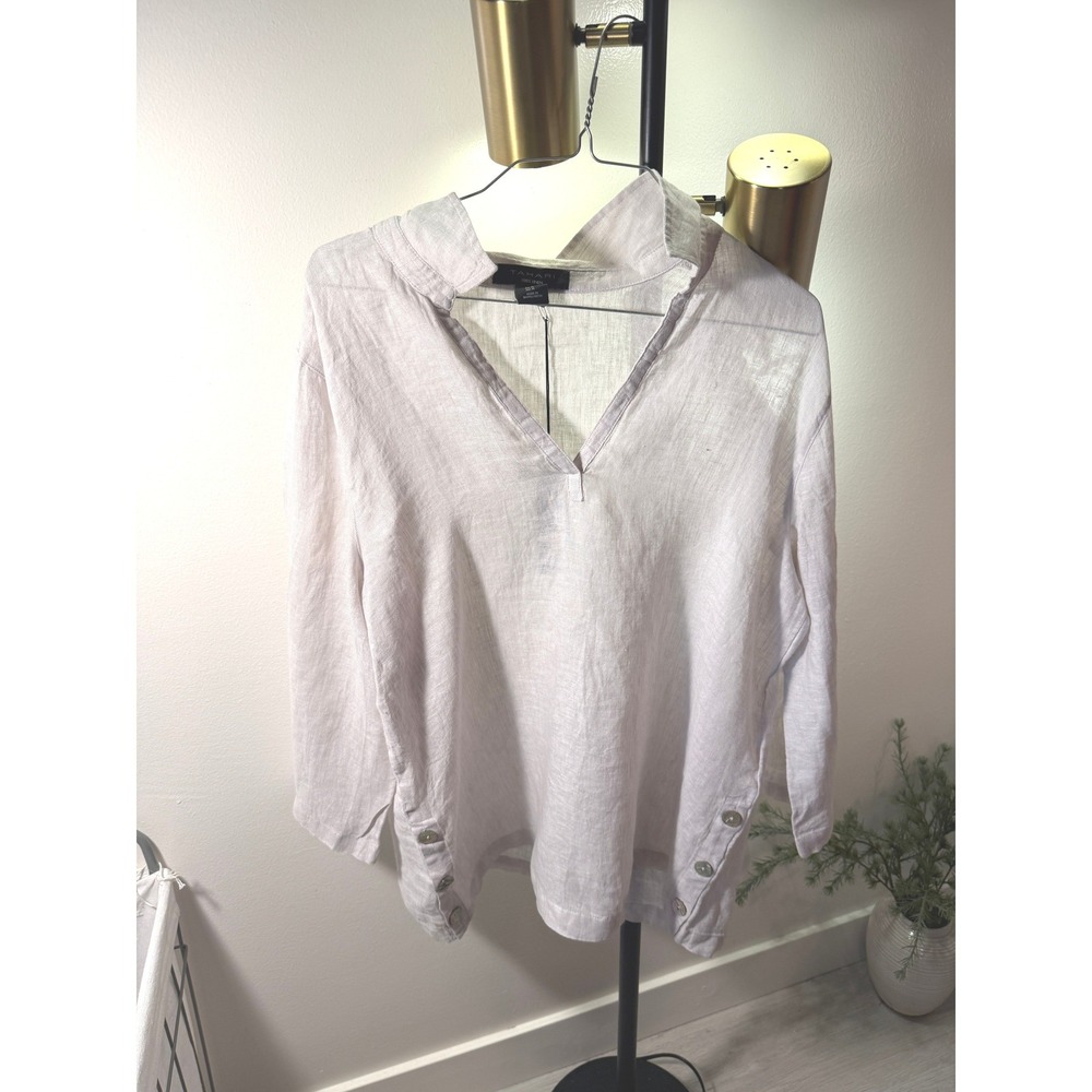 Tahari linen tunic top pullover shell button quality slow fashion sustainable Md